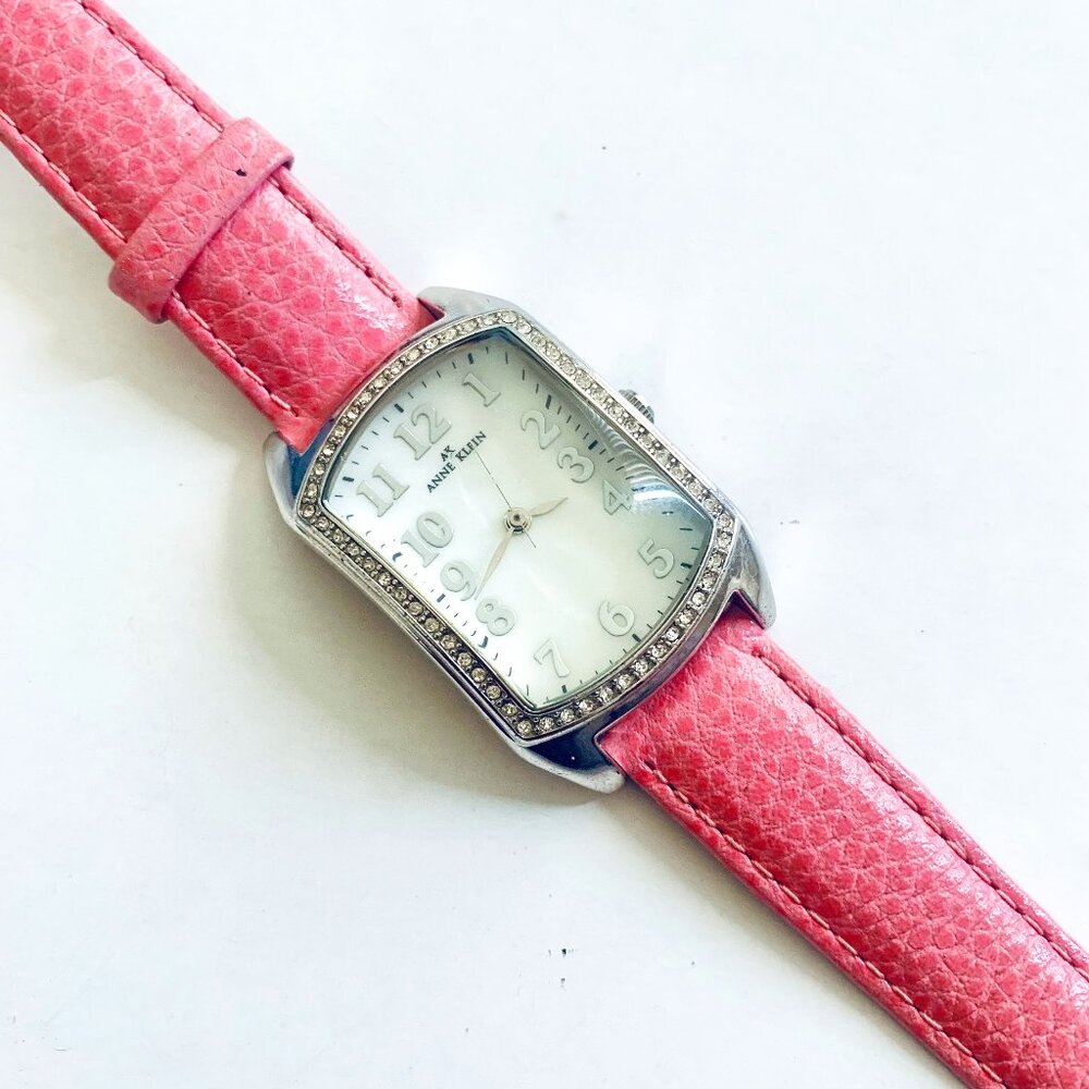 Anne Klein Women's Leather Strap Wristwatch Pink with Rhinestones